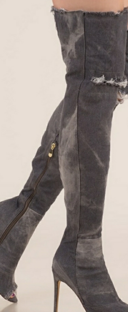 Thigh high grey denim boots
